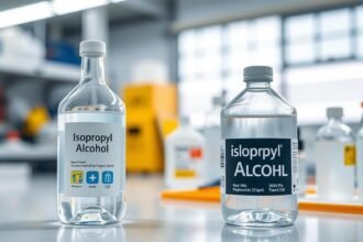 Izopropil-alkohol palackok laboratóriumban, különböző címkékkel.