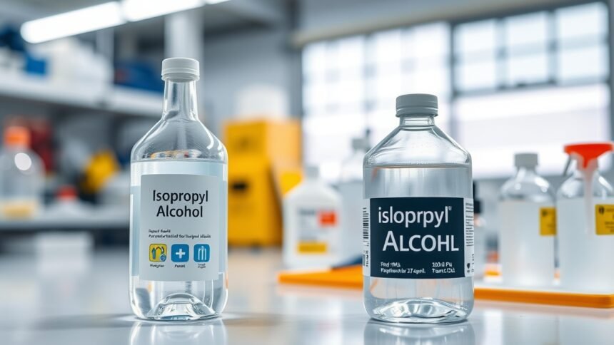 Izopropil-alkohol palackok laboratóriumban, különböző címkékkel.