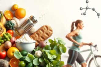 Friss gyümölcsök és zöldségek, fehérjepor és sportoló a teljesítmény növeléséért.