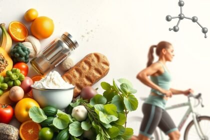 Friss gyümölcsök és zöldségek, fehérjepor és sportoló a teljesítmény növeléséért.