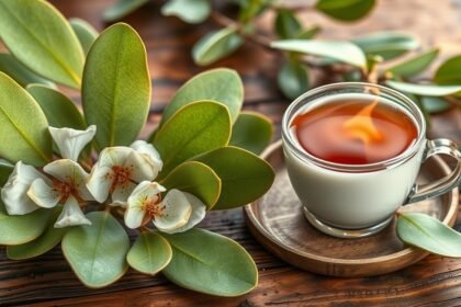 Eukaliptusz tea és levelek egy fából készült tányéron