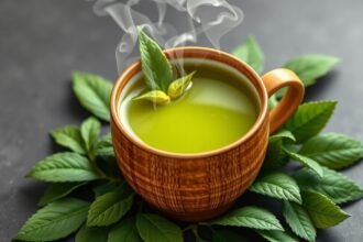 Friss matcha tea gőzölög egy cserépben, zöld levél háttérrel.