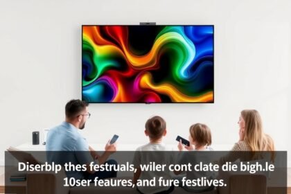 Család az OLED TV előtt, színes tartalommal.