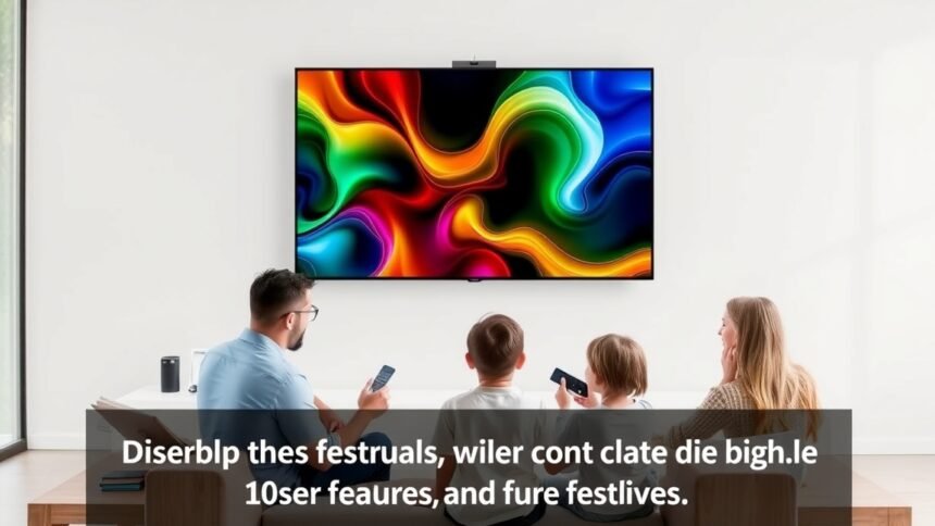 Család az OLED TV előtt, színes tartalommal.