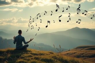 Férfi meditál a hegyi tájban zenei dallamokkal a levegőben.