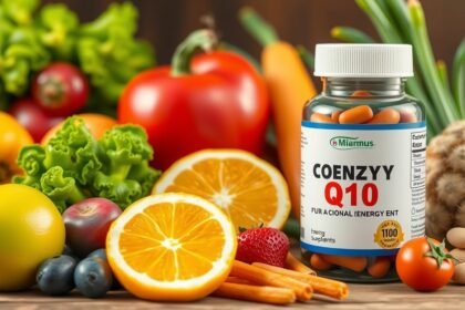 Q10 koenzim kapszulák és friss zöldségek gyümölcsök között