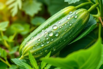 Friss uborkák csepekkel a zöld leveleken, egészséges zöldség.