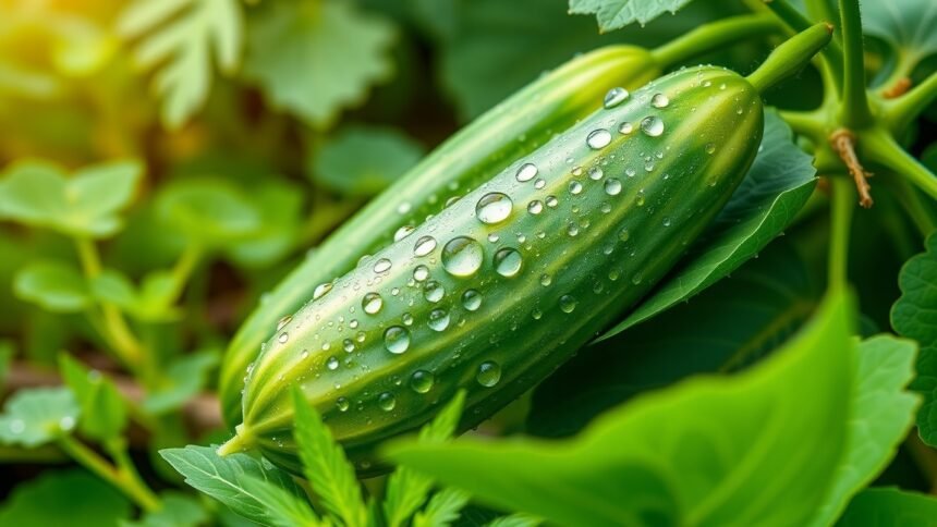 Friss uborkák csepekkel a zöld leveleken, egészséges zöldség.