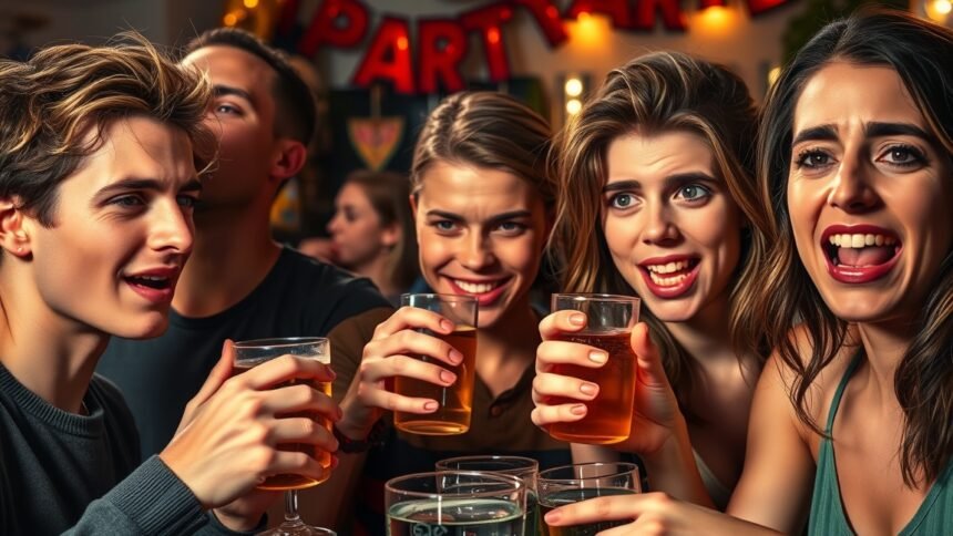 Fiatalok alkohol fogyasztása bulizás közben, kockázatok és következmények.