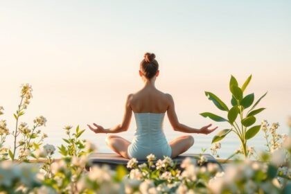 Nő meditál a természetben, virágok között, nyugalomban.