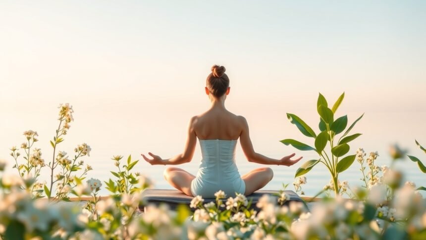 Nő meditál a természetben, virágok között, nyugalomban.