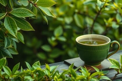 Friss japán zöld tea forró bögre környezetbarát növények között.