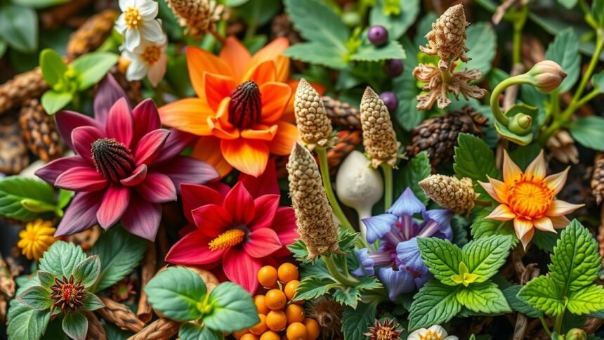 Különféle gyógynövények és virágok egészségügyi előnyökkel