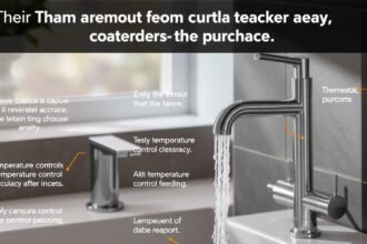 Modern termosztátos csaptelep fürdőszobában működés közben.