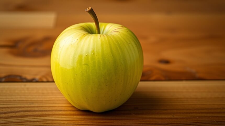 Friss Granny Smith alma egy fából készült asztalon.