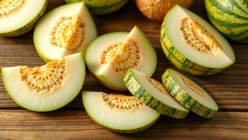 Friss sárgadinnye szeletek fából készült felületen