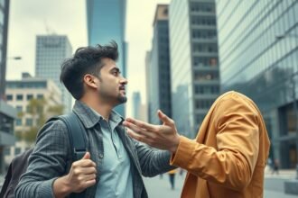 Két férfi közötti kommunikációs kihívás a városban.