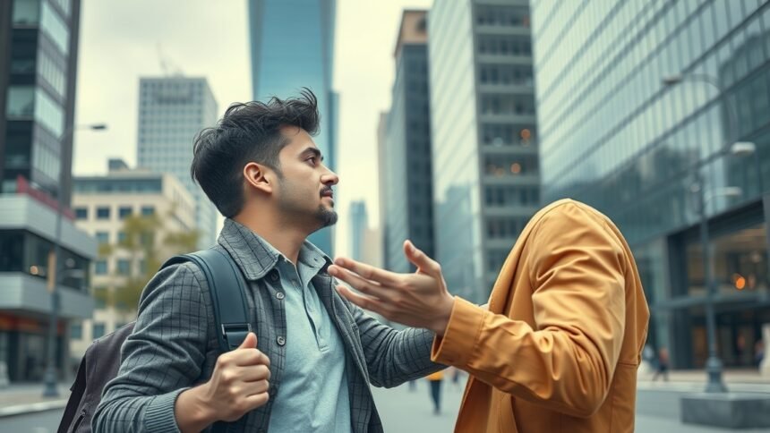 Két férfi közötti kommunikációs kihívás a városban.