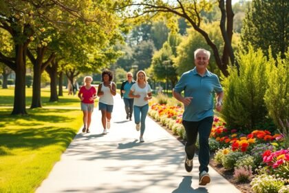 Négy felnőtt és egy idős férfi gyaloglik egy parkban virágok között