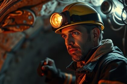 Bányászlámpát viselő munkás a mélyben, biztonságos fényforrással.