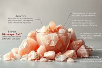 Himalája só különböző kristályai egy tálban, tematikus leírásokkal.