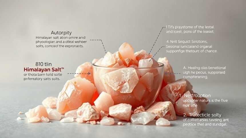 Himalája só különböző kristályai egy tálban, tematikus leírásokkal.