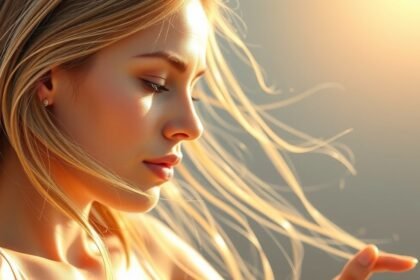 Fiatal nő hosszú, ragyogó hajjal, bőrápolás közben.