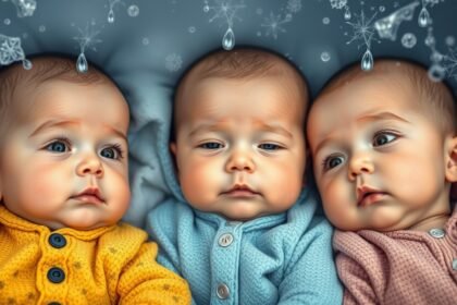 Három csecsemő különböző színekben, a kettős front hatások érzékelhetőek