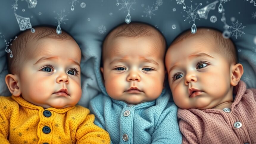 Három csecsemő különböző színekben, a kettős front hatások érzékelhetőek