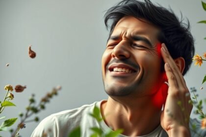 Férfi fejfájásra panaszkodik, körülötte természetes gyógynövények.