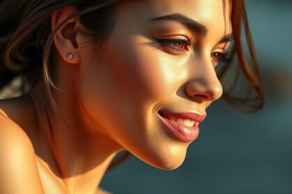 Női arc közelről, ragyogó bőrrel és szép vonásokkal.