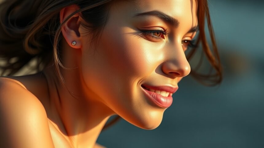 Női arc közelről, ragyogó bőrrel és szép vonásokkal.