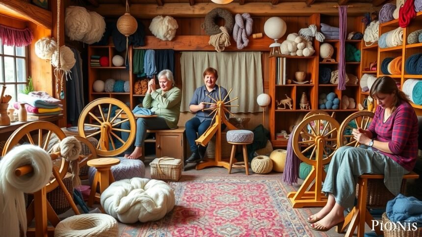 Kézművesek fonás közben egy rokkaszobában