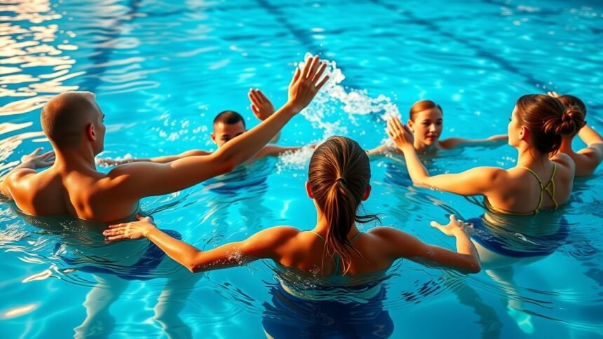 Csoport aquafitness edzés a medencében, vidámság és mozgás.