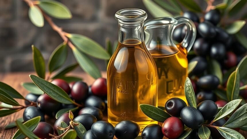 Két üveg olívaolaj friss olívabogyókkal és levelekkel díszítve.