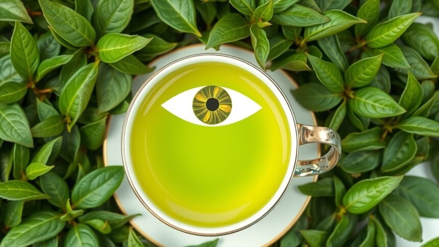 Zöld tea, amely a látás egészségét támogatja, szemet idéző mintával.