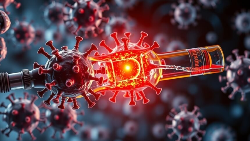 Az alkohol és a vírusok kölcsönhatásának grafikus ábrázolása.