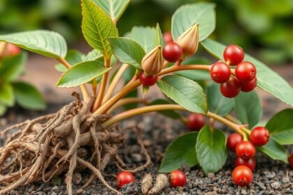 Ashwagandha növény, indiai ginzeng gyökér és bogyók, egészség javítására
