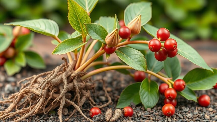 Ashwagandha növény, indiai ginzeng gyökér és bogyók, egészség javítására