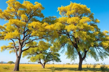 Gumiarábikum fák szép narancssárga virágokkal és tiszta kékkel