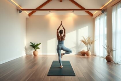 Jóga gyakorlat a napsütötte stúdióban, test és lélek harmóniája