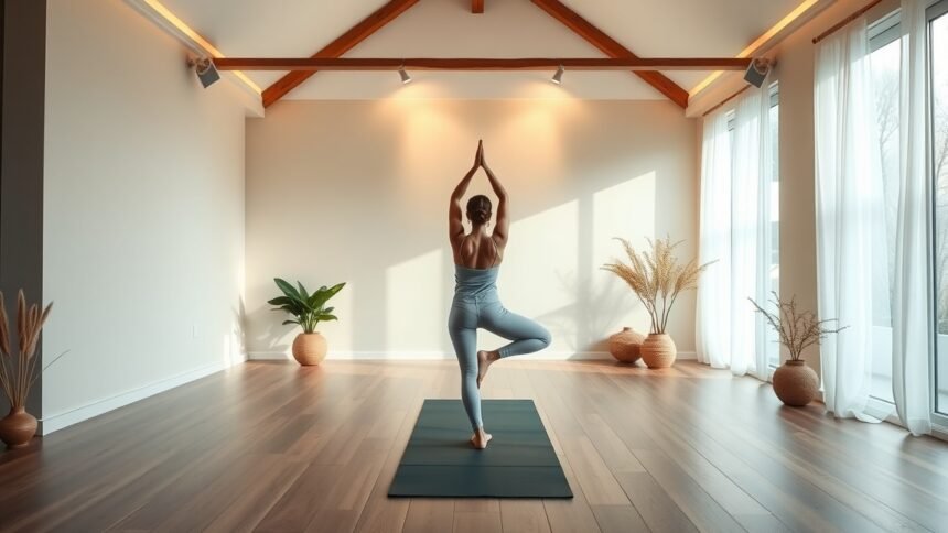 Jóga gyakorlat a napsütötte stúdióban, test és lélek harmóniája