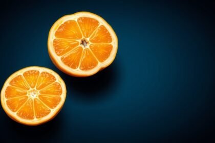 Két fél sharon gyümölcs, háttérben sötét kék színnel