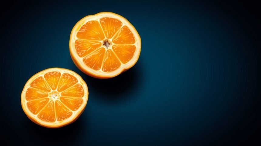 Két fél sharon gyümölcs, háttérben sötét kék színnel