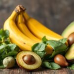 Káliumban gazdag gyümölcsök, mint banán és avokádó friss levelekkel.