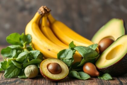 Káliumban gazdag gyümölcsök, mint banán és avokádó friss levelekkel.