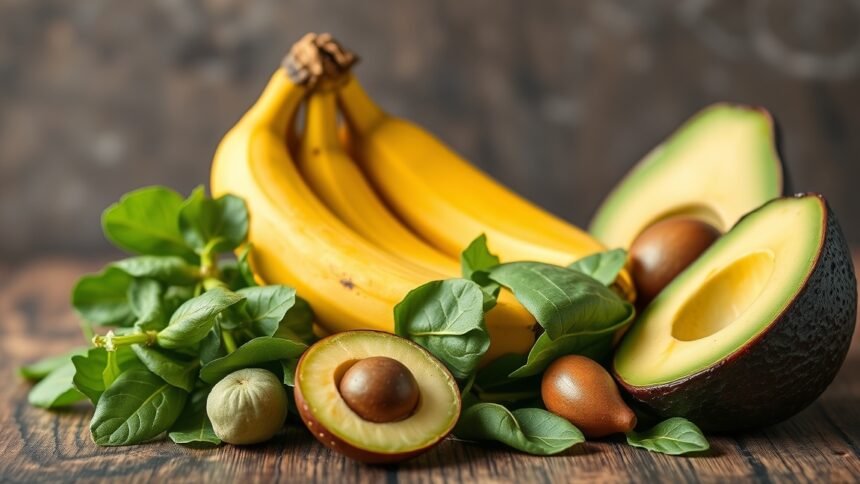 Káliumban gazdag gyümölcsök, mint banán és avokádó friss levelekkel.