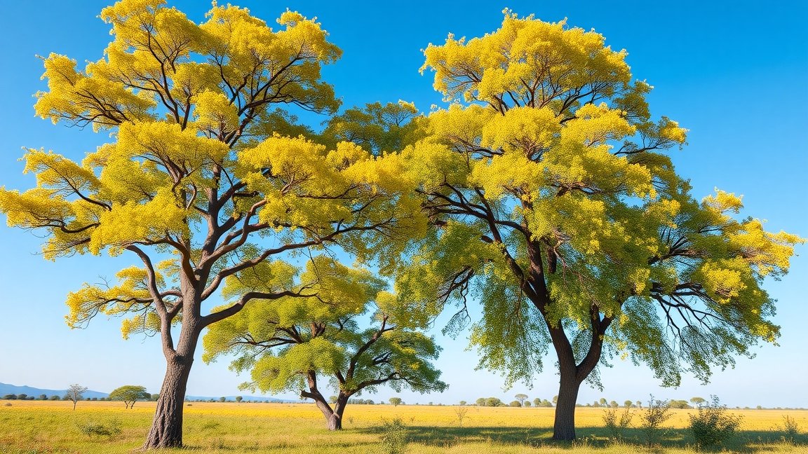 Gumiarábikum fák szép narancssárga virágokkal és tiszta kékkel