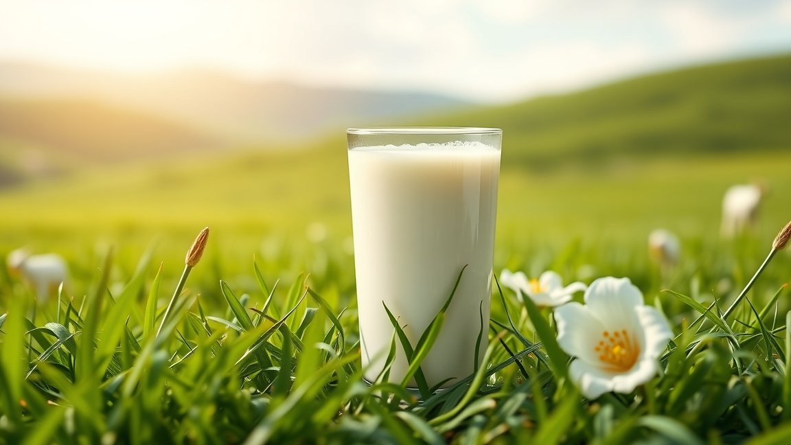 Kecsketej pohár fűben virágokkal, természetes előnyökkel