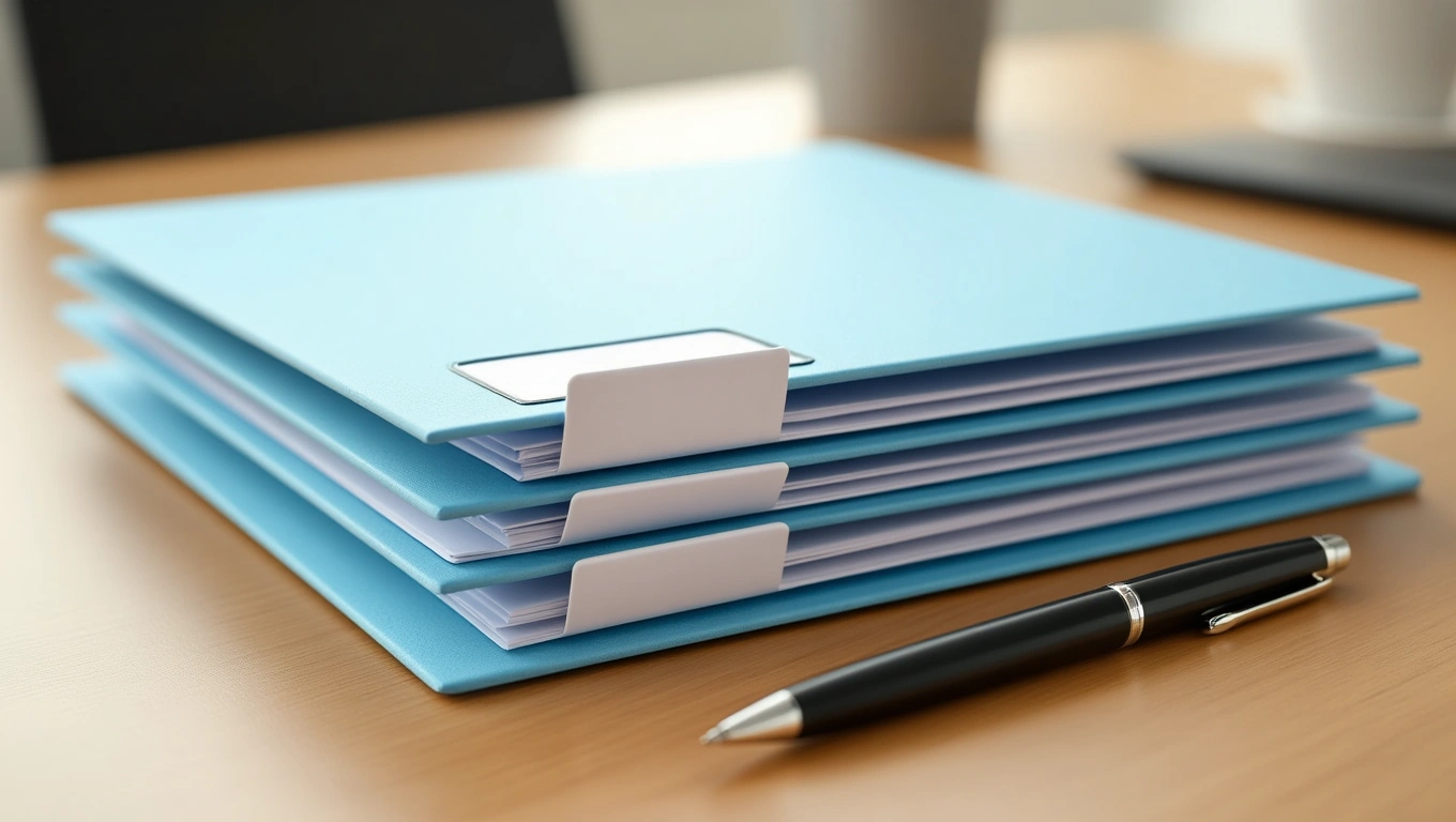 Kék iratrendező mappák egy asztalon, mellette egy toll